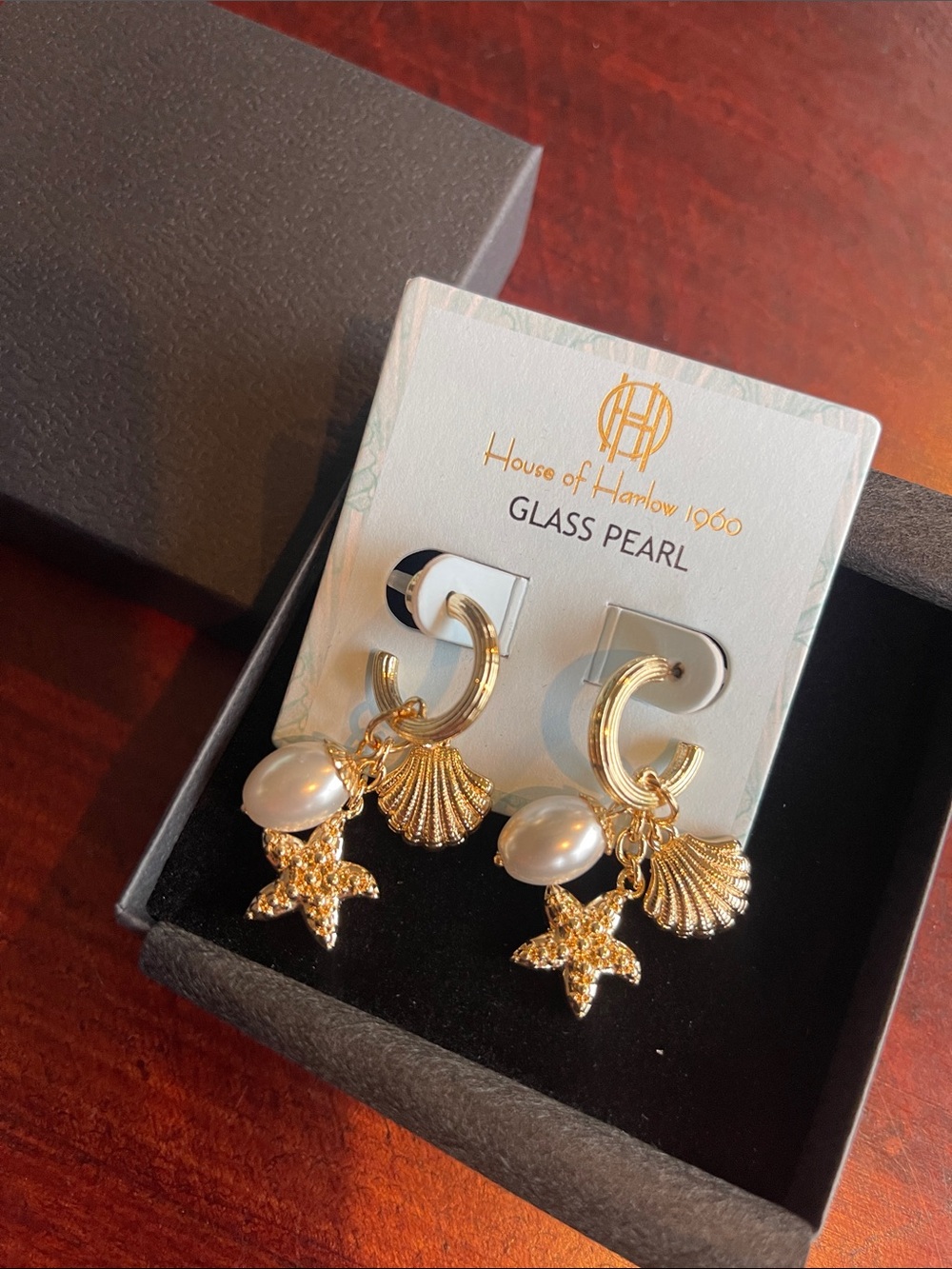 House of Harlow 1960 Gold Hoop Earrings with Pearl, Starfish & Shell Charms